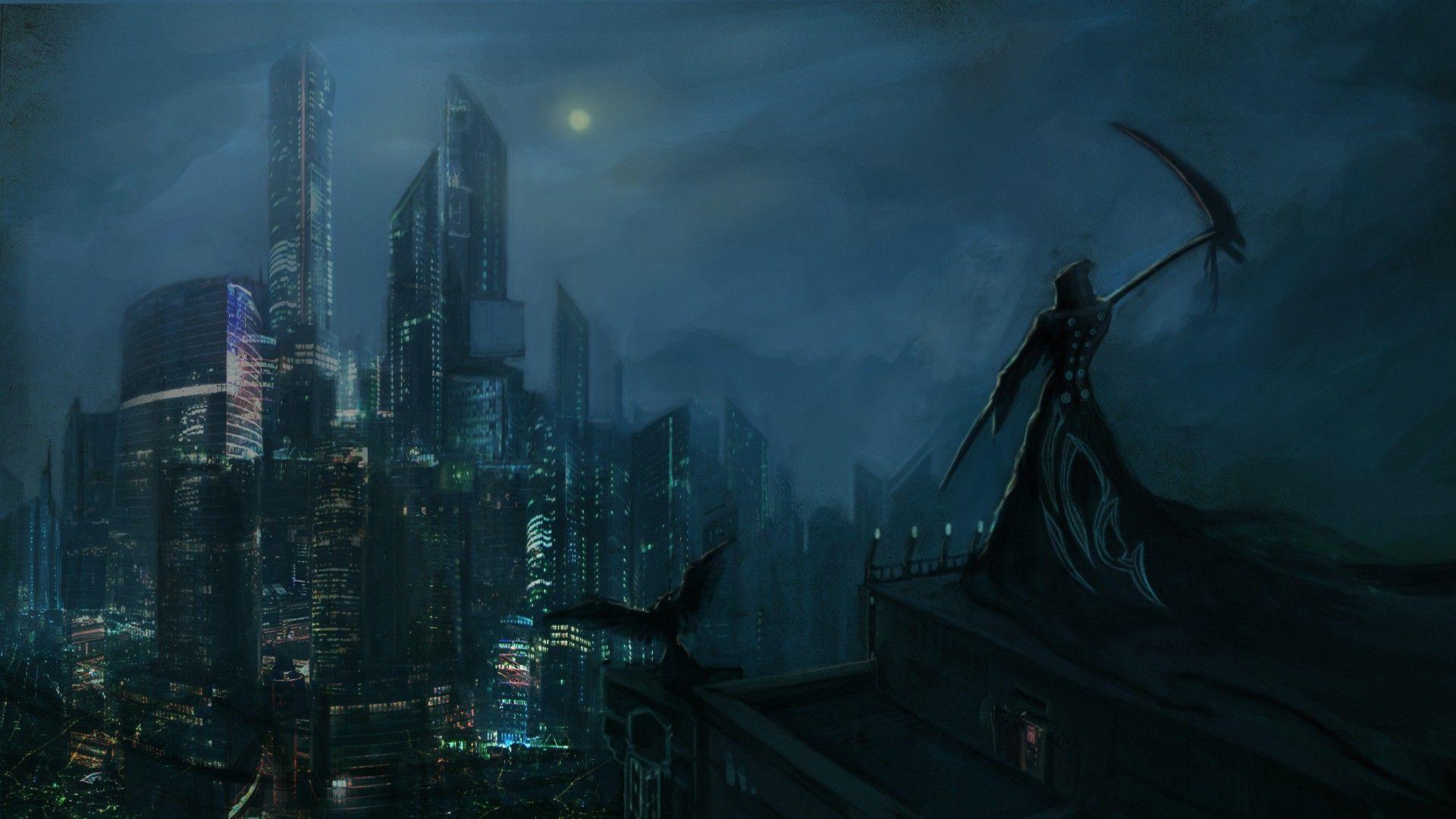 1920x1080 #artwork, #fantasy art, #cityscape, #Grim Reaper