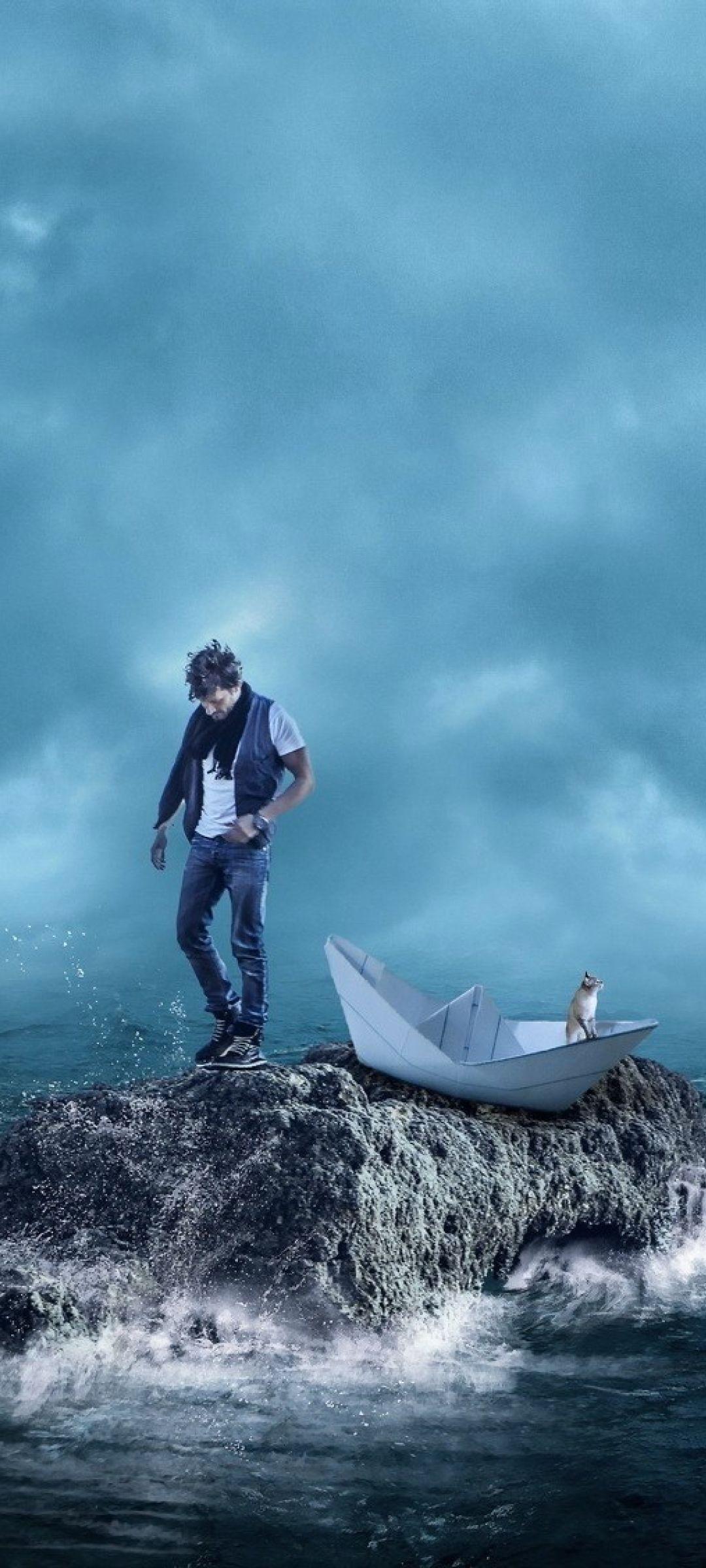 1080x2400 Fantasy Man With Cat and Paper Boat in Ocean Sea