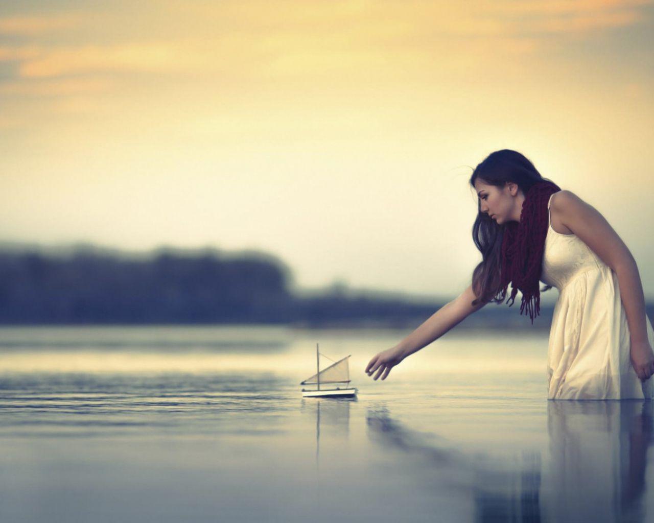 1280x1024 Desktop Wallpaper Woman, Lake, Paper Boat, HD Image, Picture