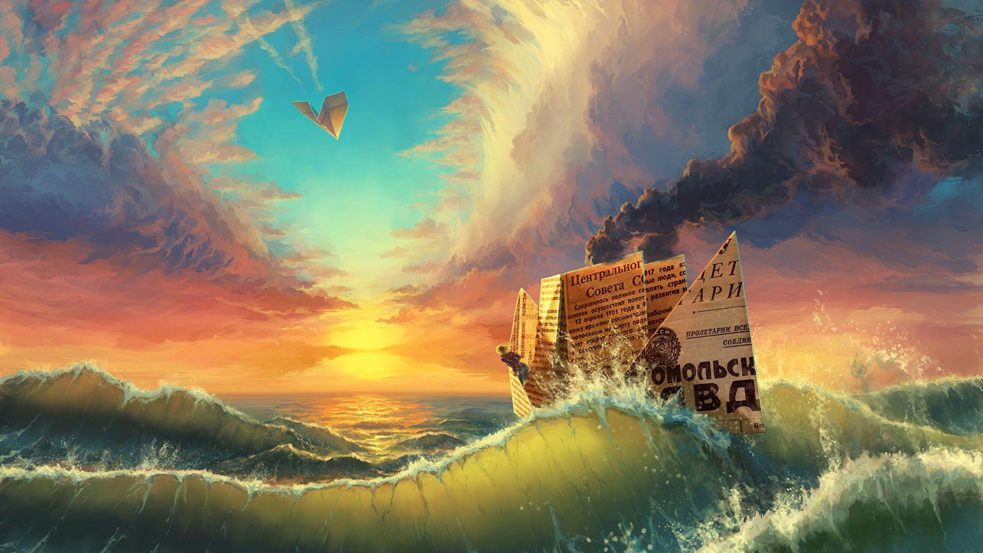 1920x1080 A paper boat and a paper plane. 1920 × 1080