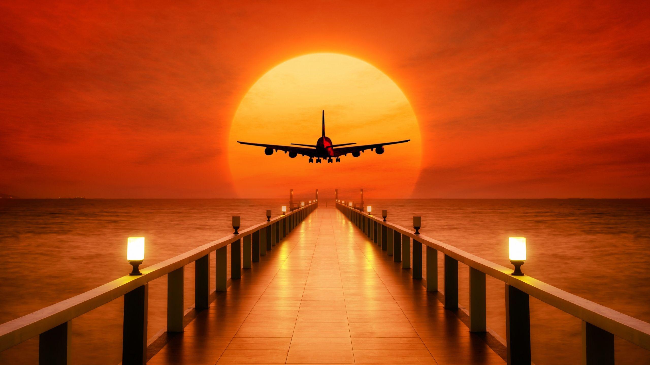 2560x1440 Wallpaper of Aircraft, Sunset, Wharf, Photohop background & HD image