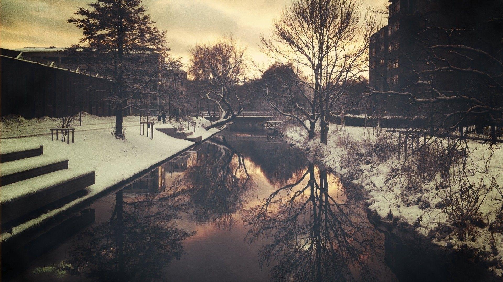 1920x1080 #winter, #snow, #urban, #river, #trees, wallpaper. Mocah