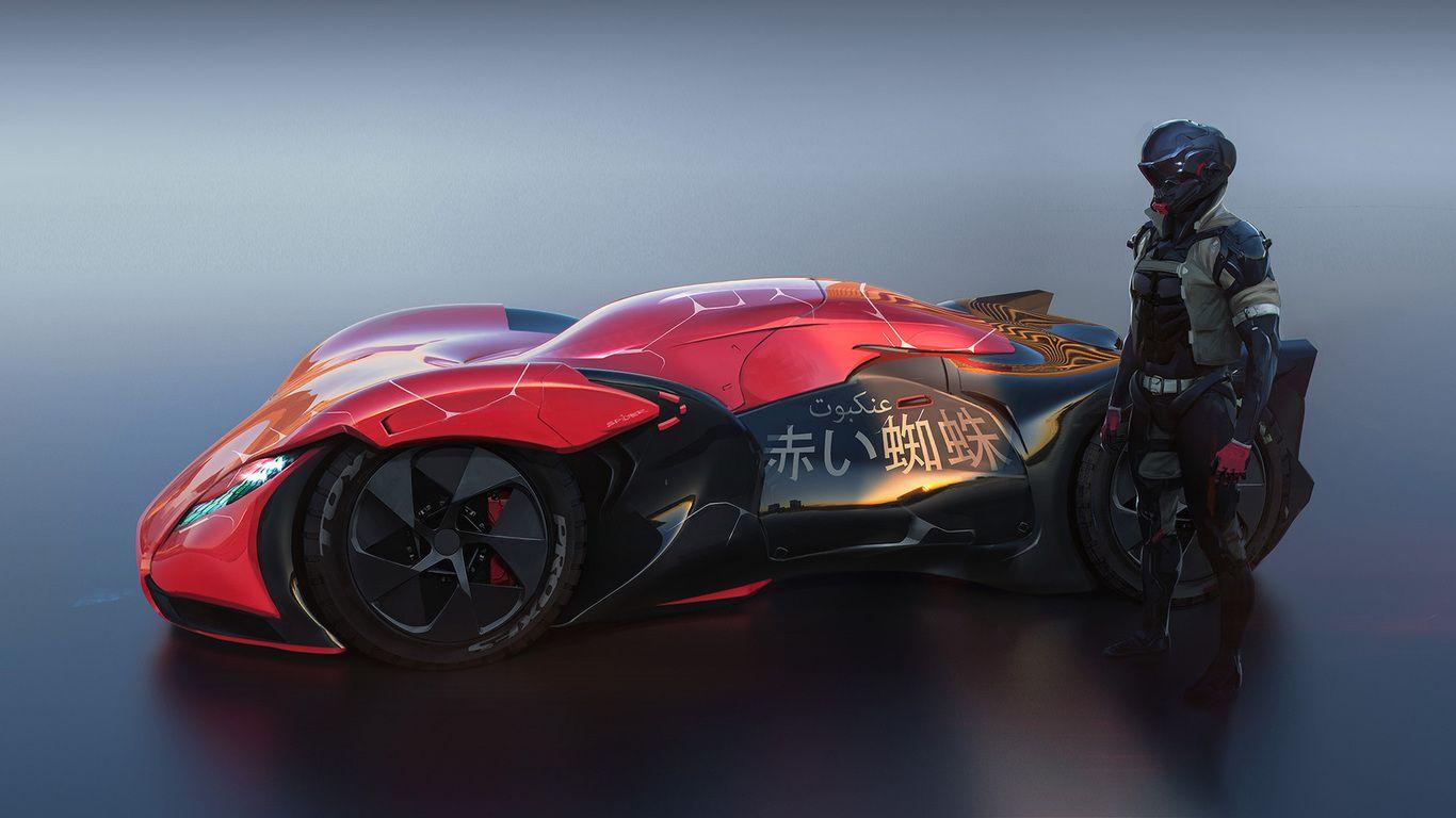 1366x768 Futuristic Sport Car Driver Standing Behind The Car