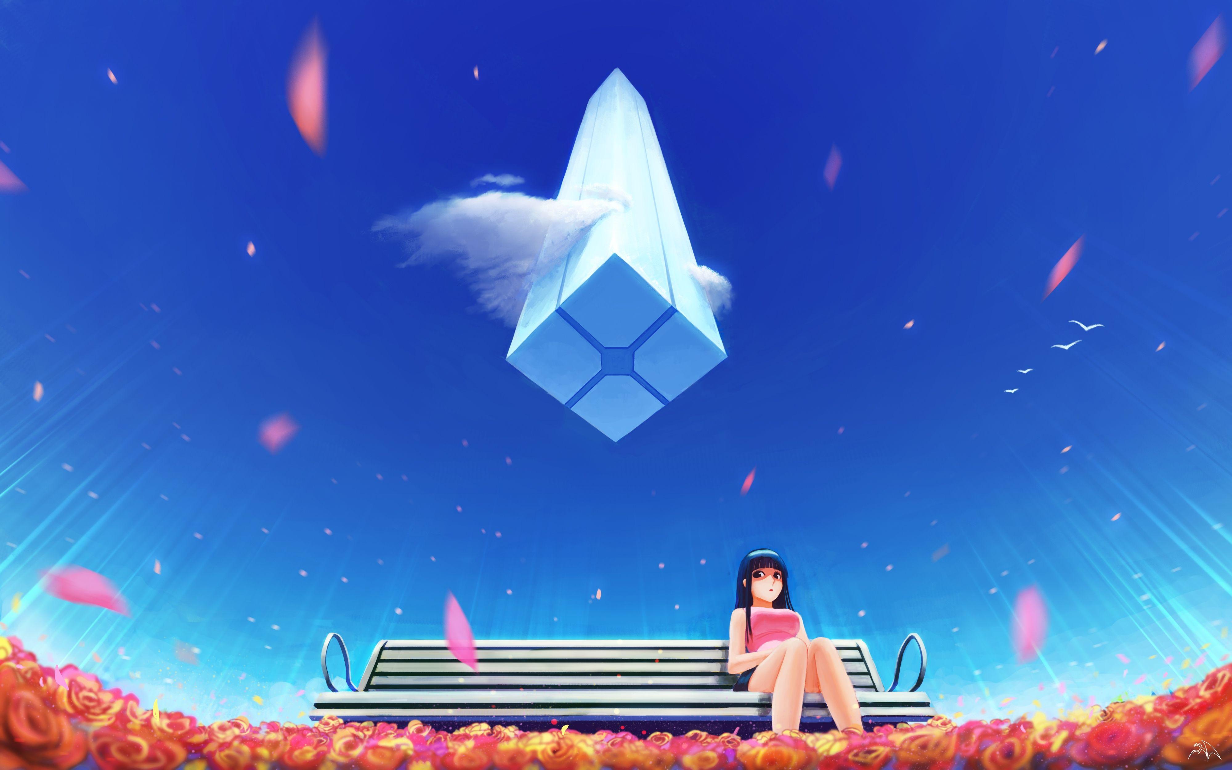 4000x2500 Anime Girl Alone Bench Blue Sky 4K 4K wallpaper