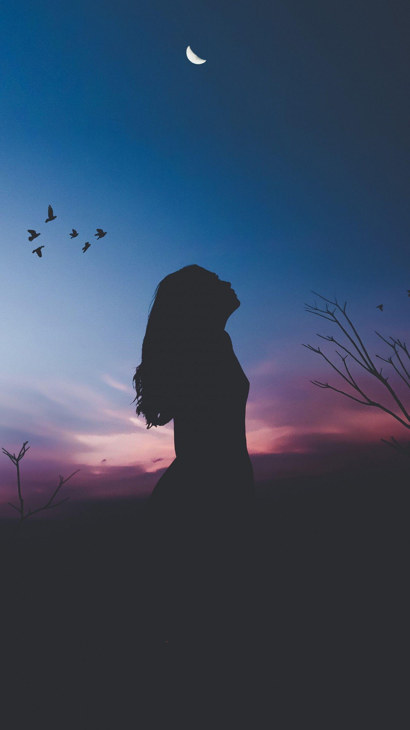 1440x2560 Wallpaper Alone, Woman, Birds, Silhouette, HD, Fantasy