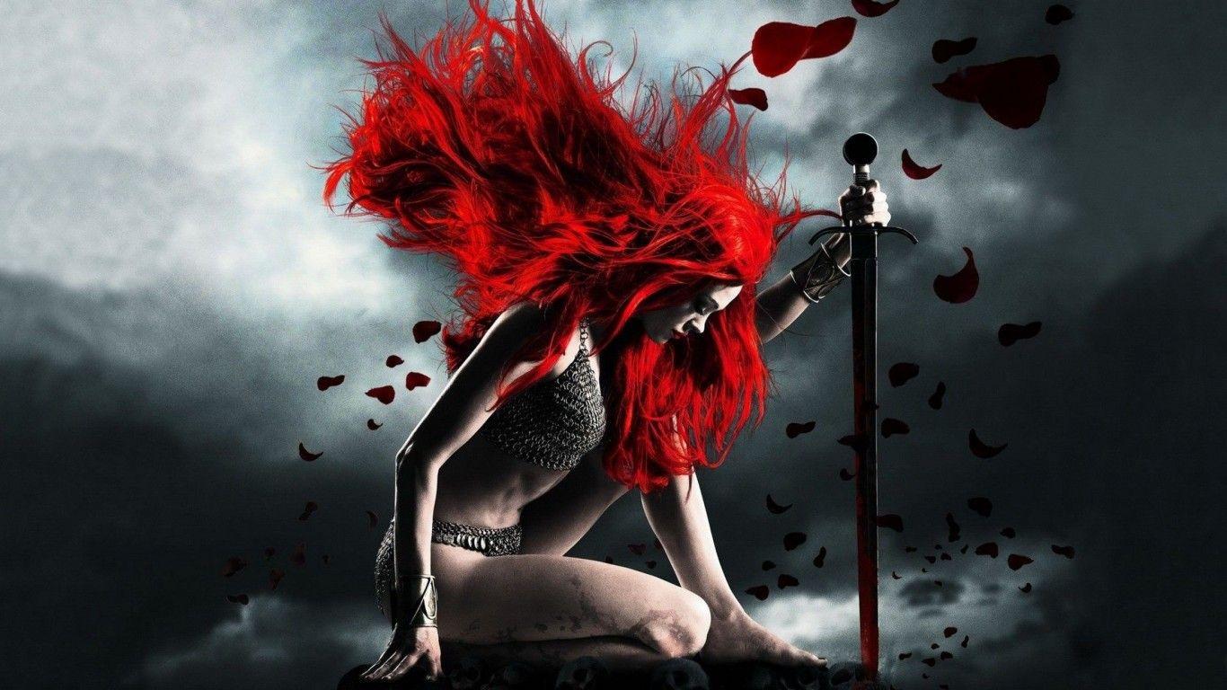 1366x768 Petals Hair Red Girl Sword wallpaper :