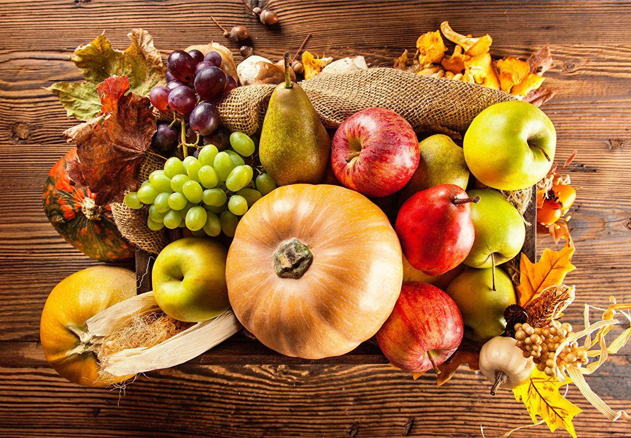 1280x889 Image Foliage Autumn Pumpkin Pears Grapes Apples Food Fruit