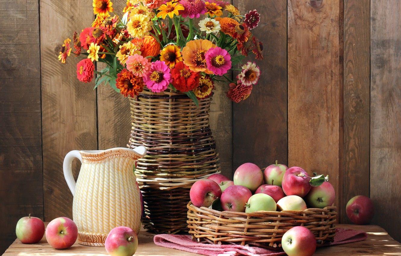 1332x850 Wallpaper autumn, flowers, apples, bouquet, colorful, fruit, still