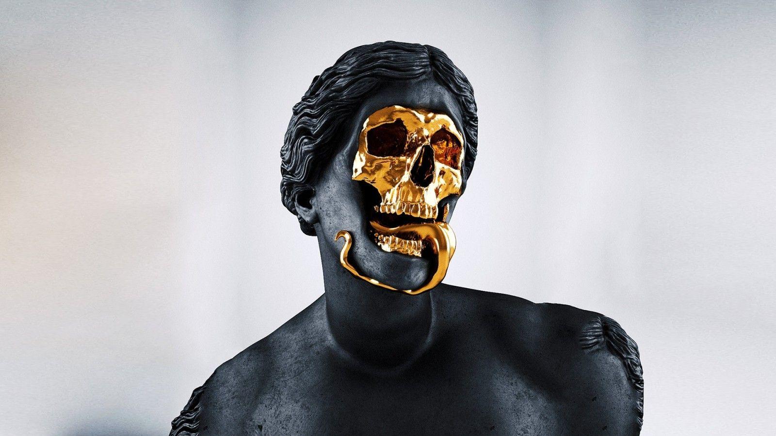 1600x900 black, artwork, mask, blue, Greek, Roman, sculpture