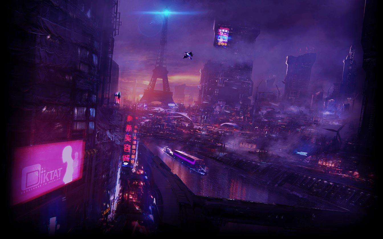 Động cơ Hình nền động 1344x840 Cyberpunk Neo Paris.  Hình nền Vaporwave