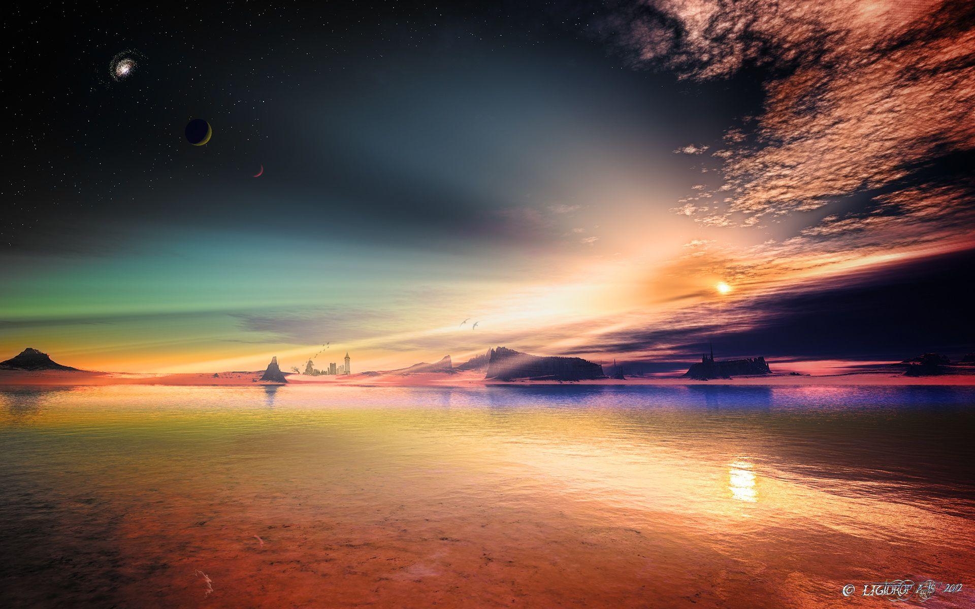 1920x1200 Art alien planet rocks sky stars lakeslandscape reflection sunset