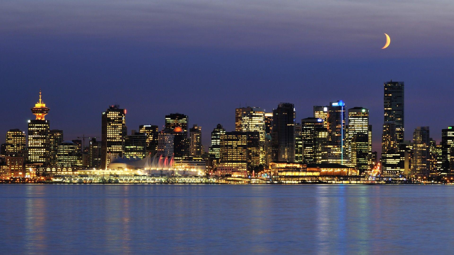 1920x1080 vancouver, Canada, Architecture, Buildings, Skyscrapers, Night, Sky, Moon, Skyline, Cityscapes Wallpaper HD / Desktop and Mobile Background