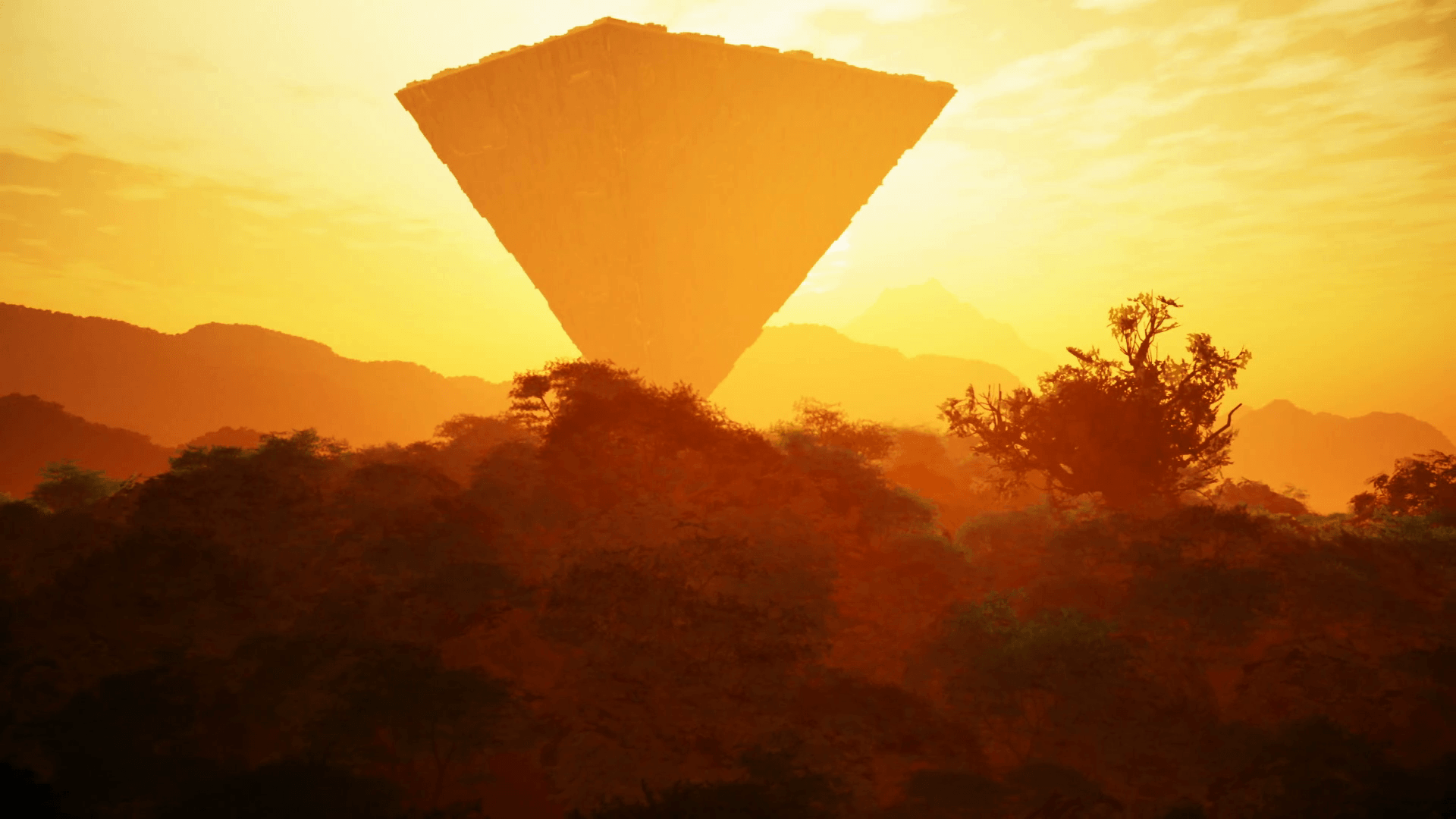 1920x1080 Upside Down Sci Fi Pyramid Fantasy Scene Sunset 3D Animation Motion