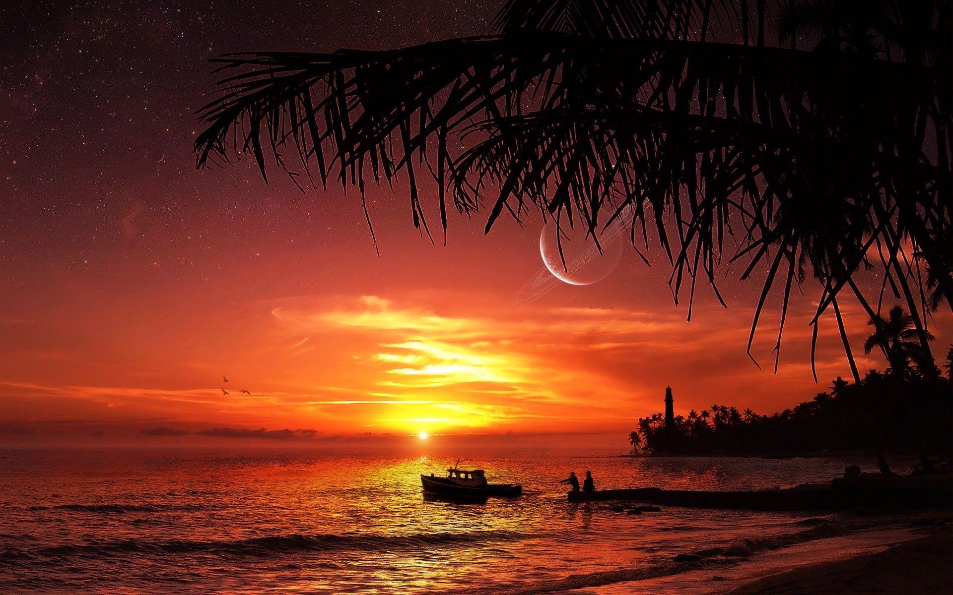 1920x1200 lighthouse, background, sunset, boats, sunset ocean, planets, up