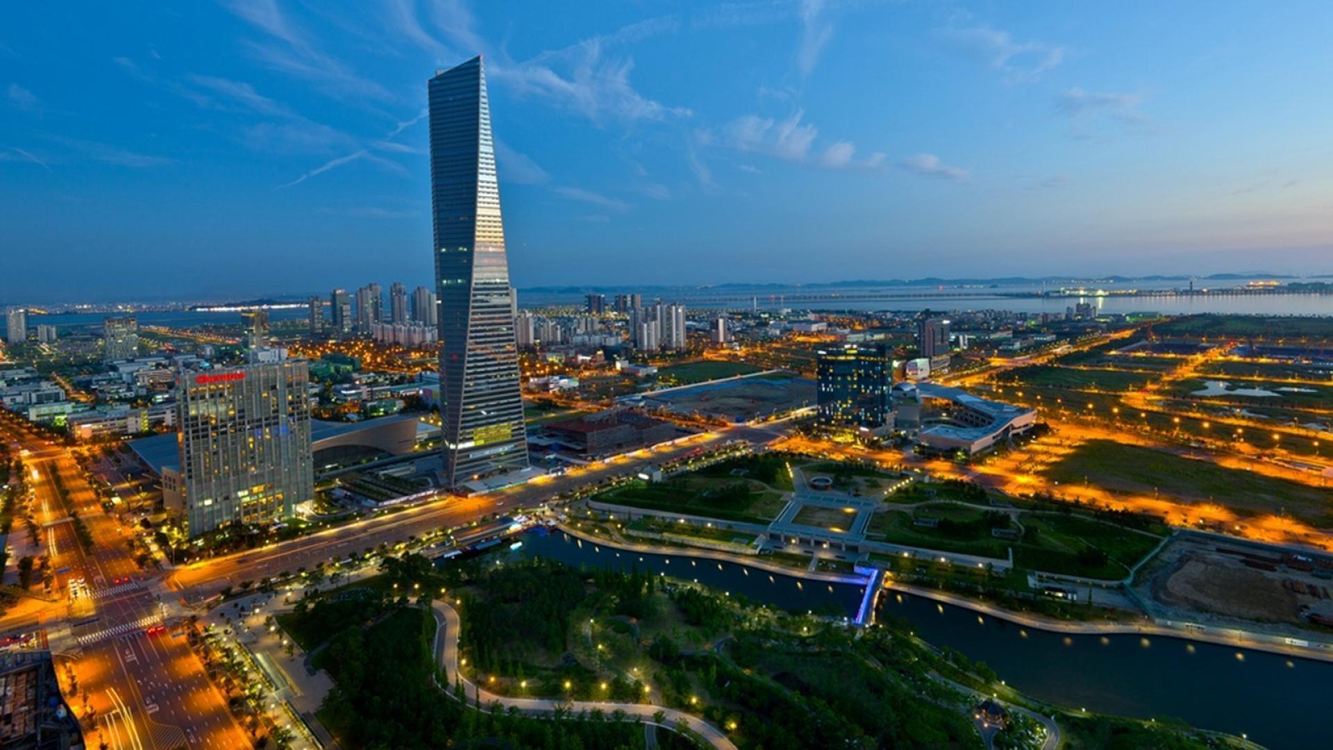 1920x1080 Korea twilight architecture buildings city lights wallpaper