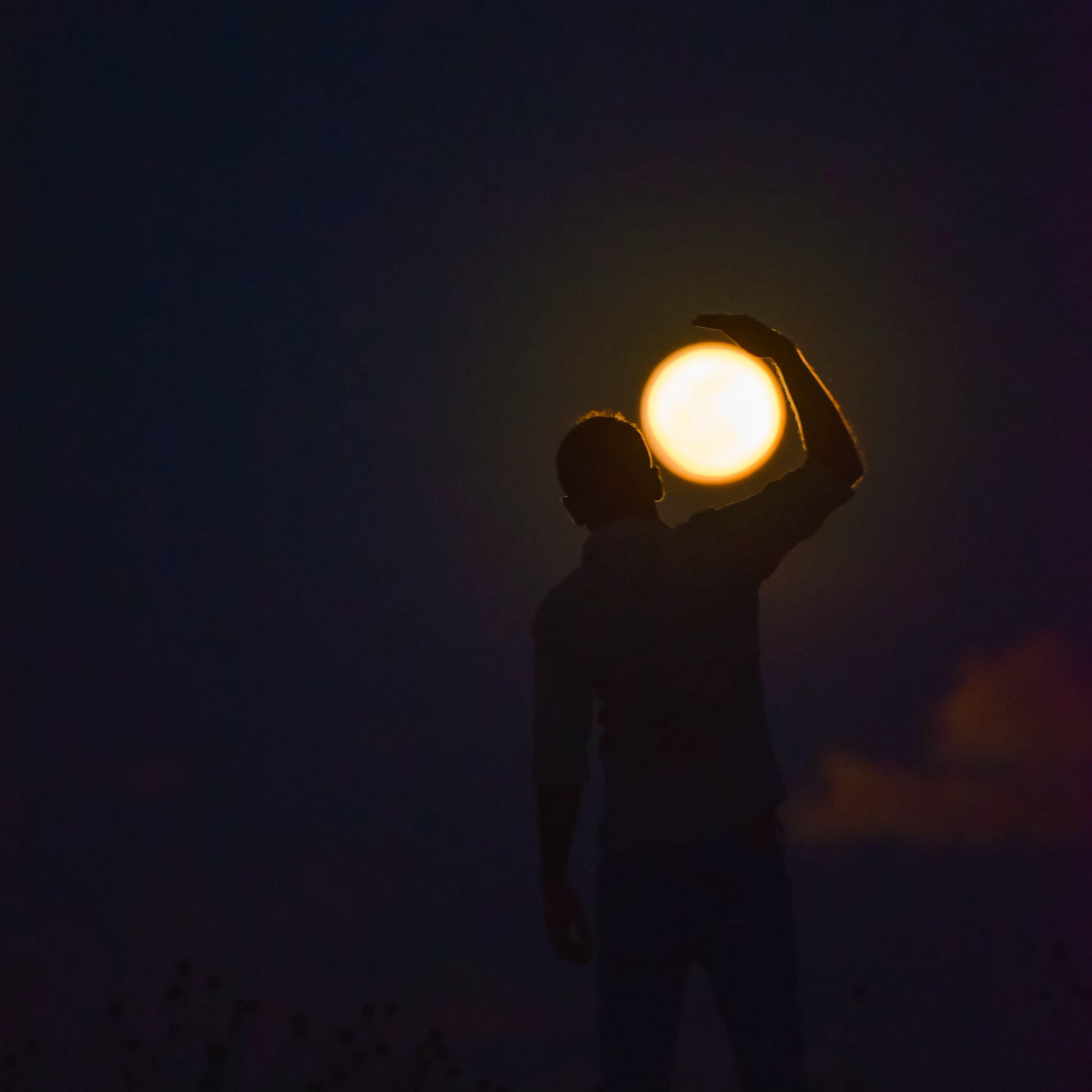 3415x3415 Download wallpaper 3415x3415 man, silhouette, moon, dark, illusion