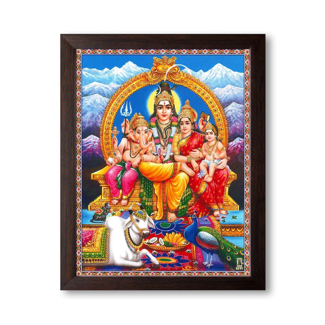 1080x1080 Lord Shiva Family, HD Printed Religious & Decor Picture With Plain Brown Frame
