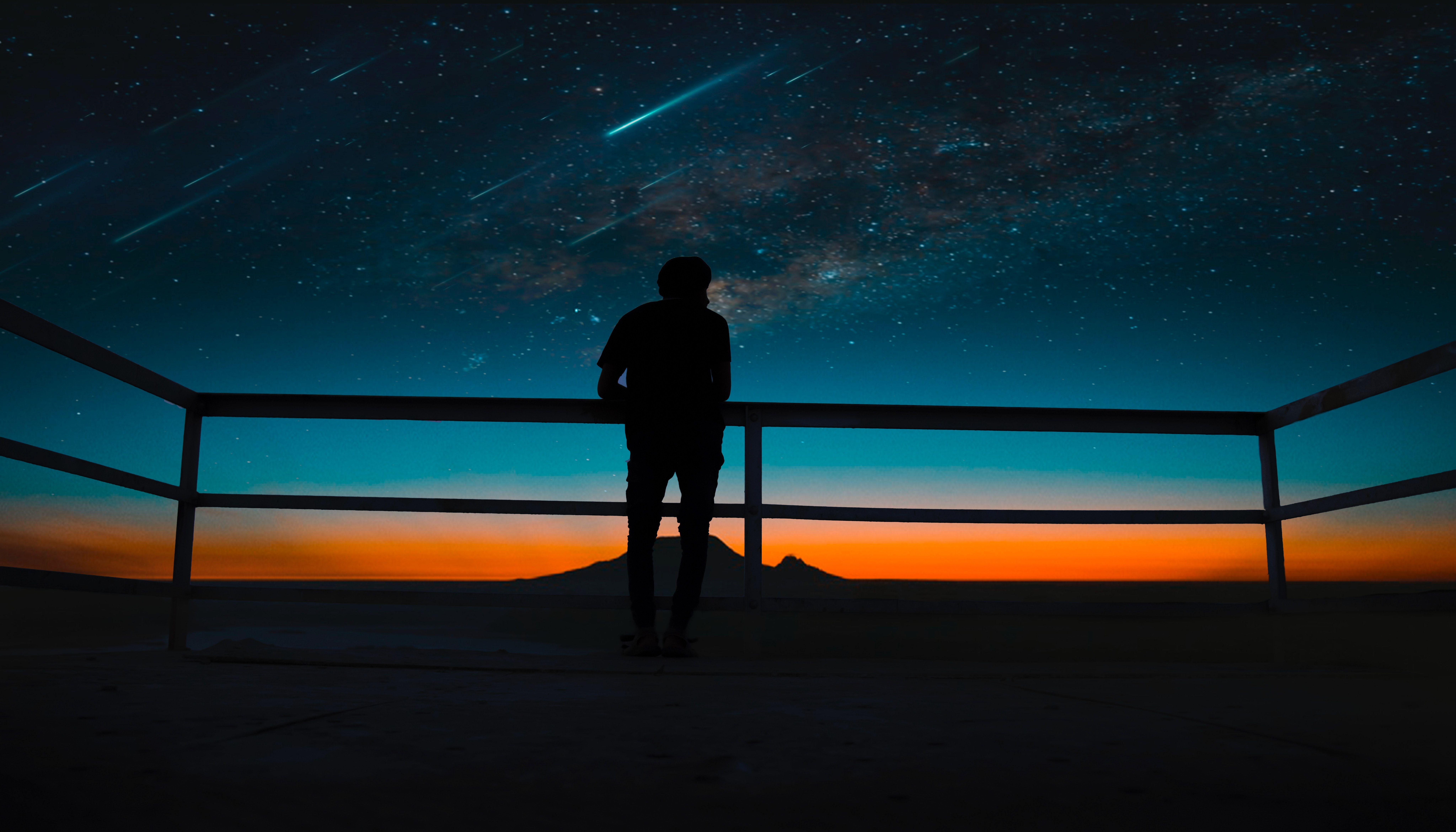 8192x4682 Person Silhouette Meteors Night Sky 8k, HD Photography, 4k