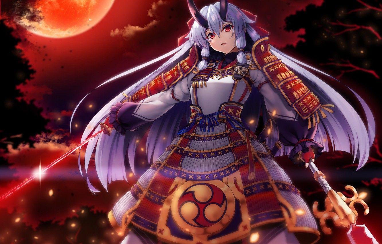 1332x850 Wallpaper Girl, Night, Sword, Art, Fate Grand Order, Raiou, Tomoe