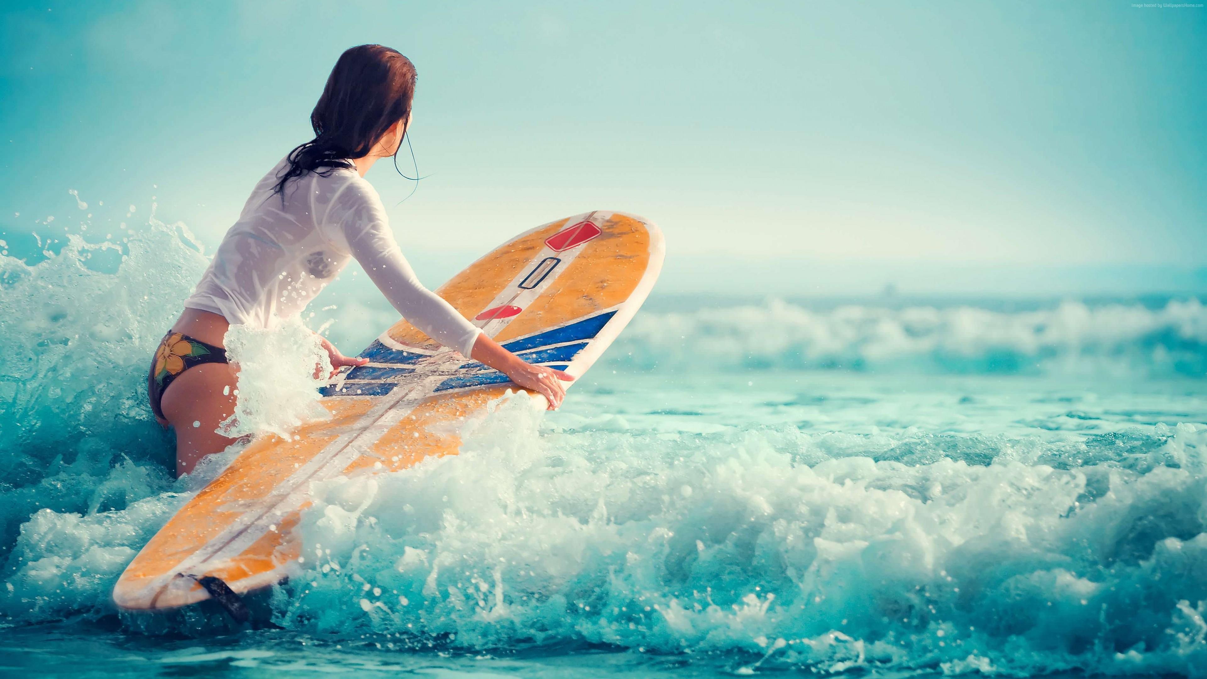 3840x2160 surf board girl sea wave Wallpaper and Free