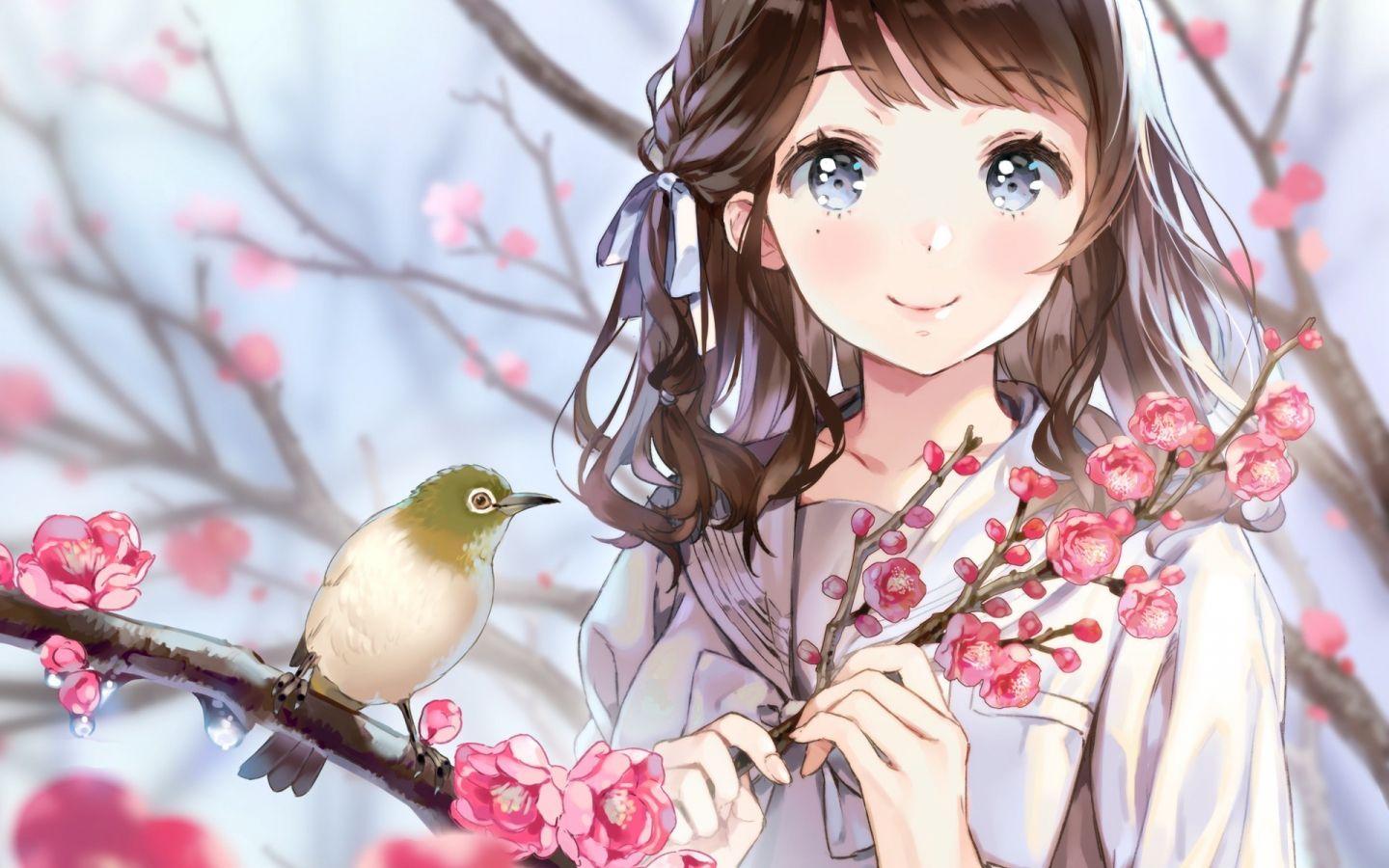 1440x900 Download 1440x900 Wallpaper Birds, Cherry Blossom, Anime Girl