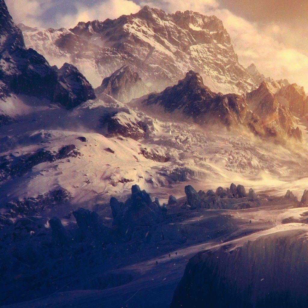1024x1024 Magnificent Cloudy Mountains Landscape iPad Wallpaper Free Download