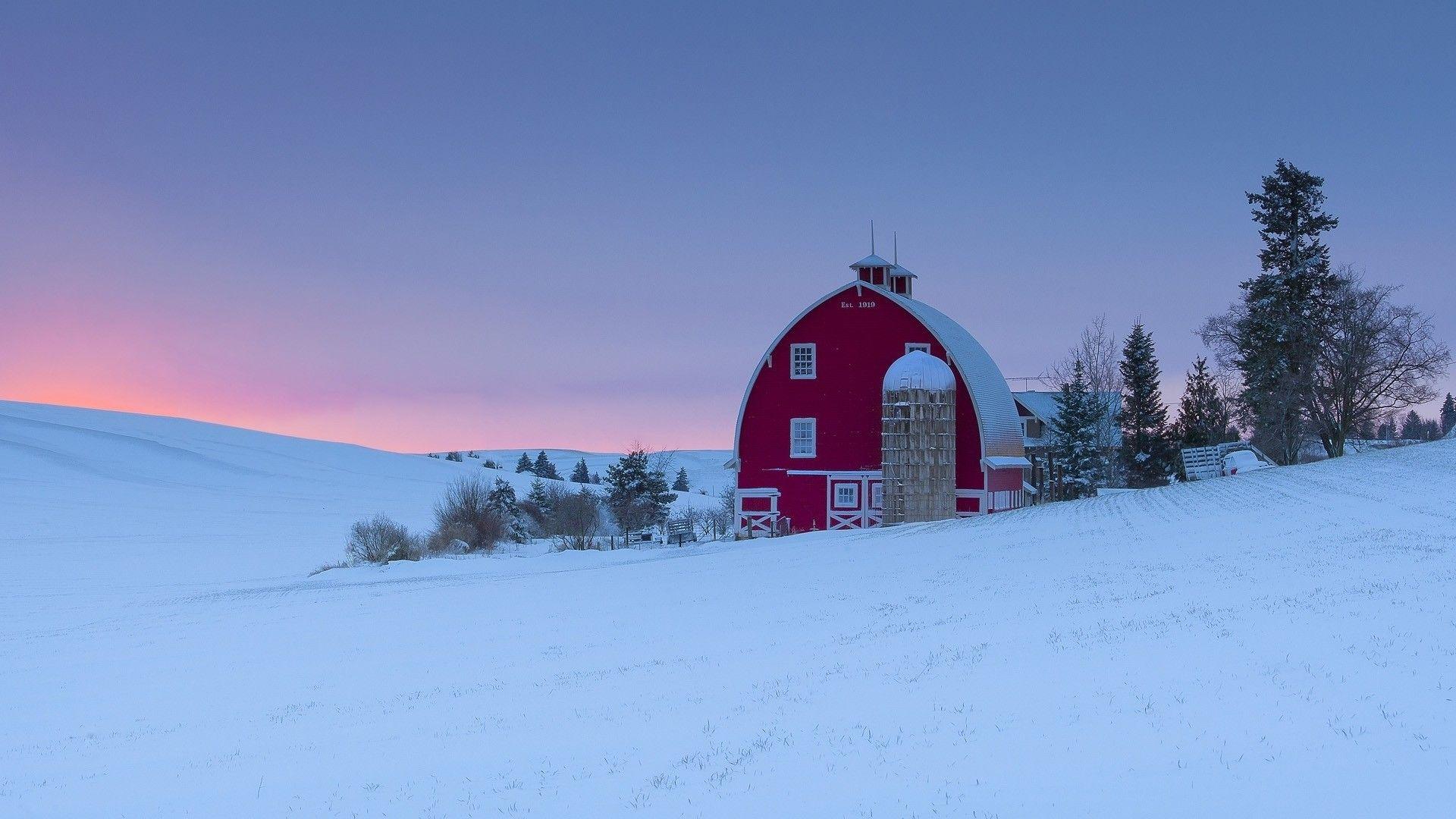 1920x1080 Red Barn Silo Winter Sunset Season Washington Region Art Hills