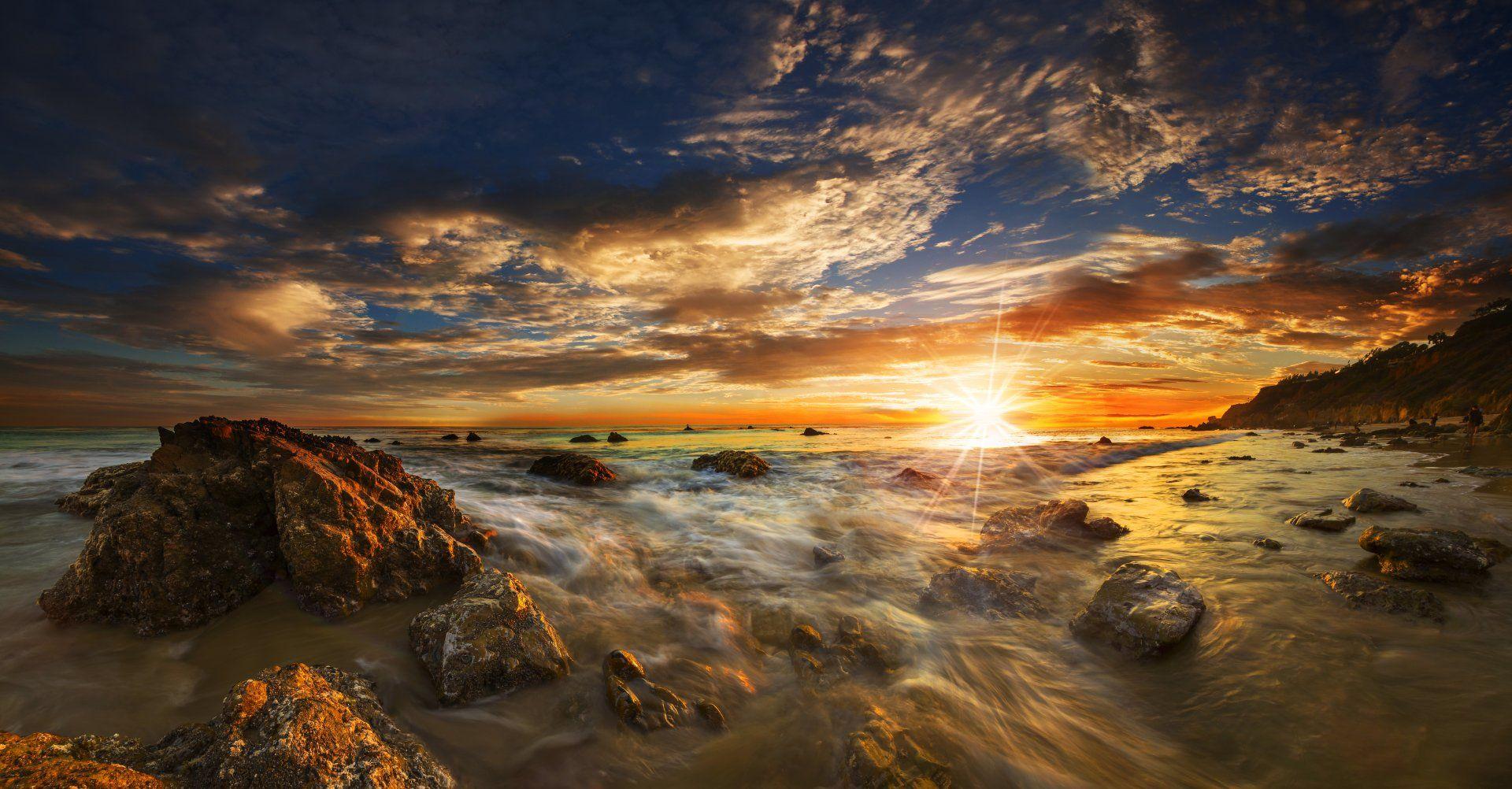 1920x1002 Rocky Beach Sunset in Malibu 8k Ultra HD Wallpaper. Background