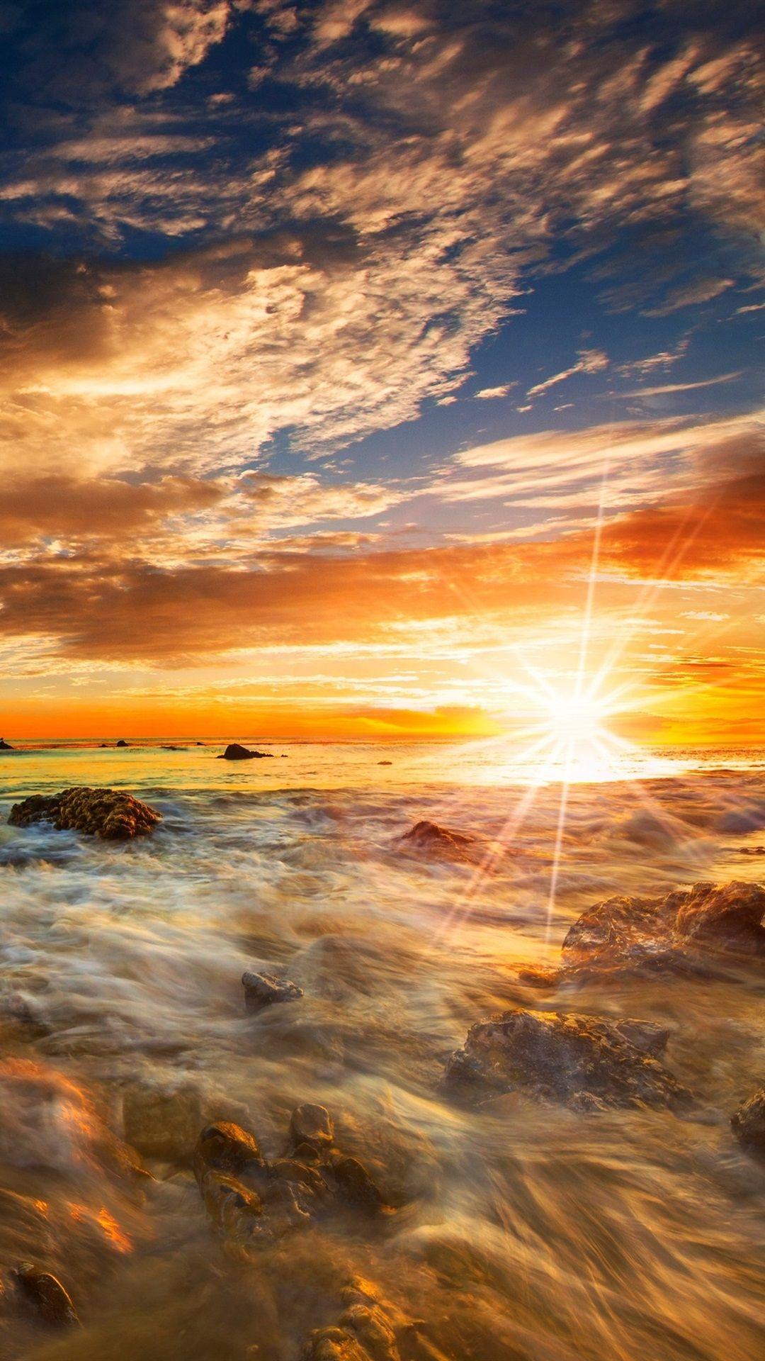 1080x1920 USA, Malibu, Matador State Beach, sea, stones, clouds, sunset