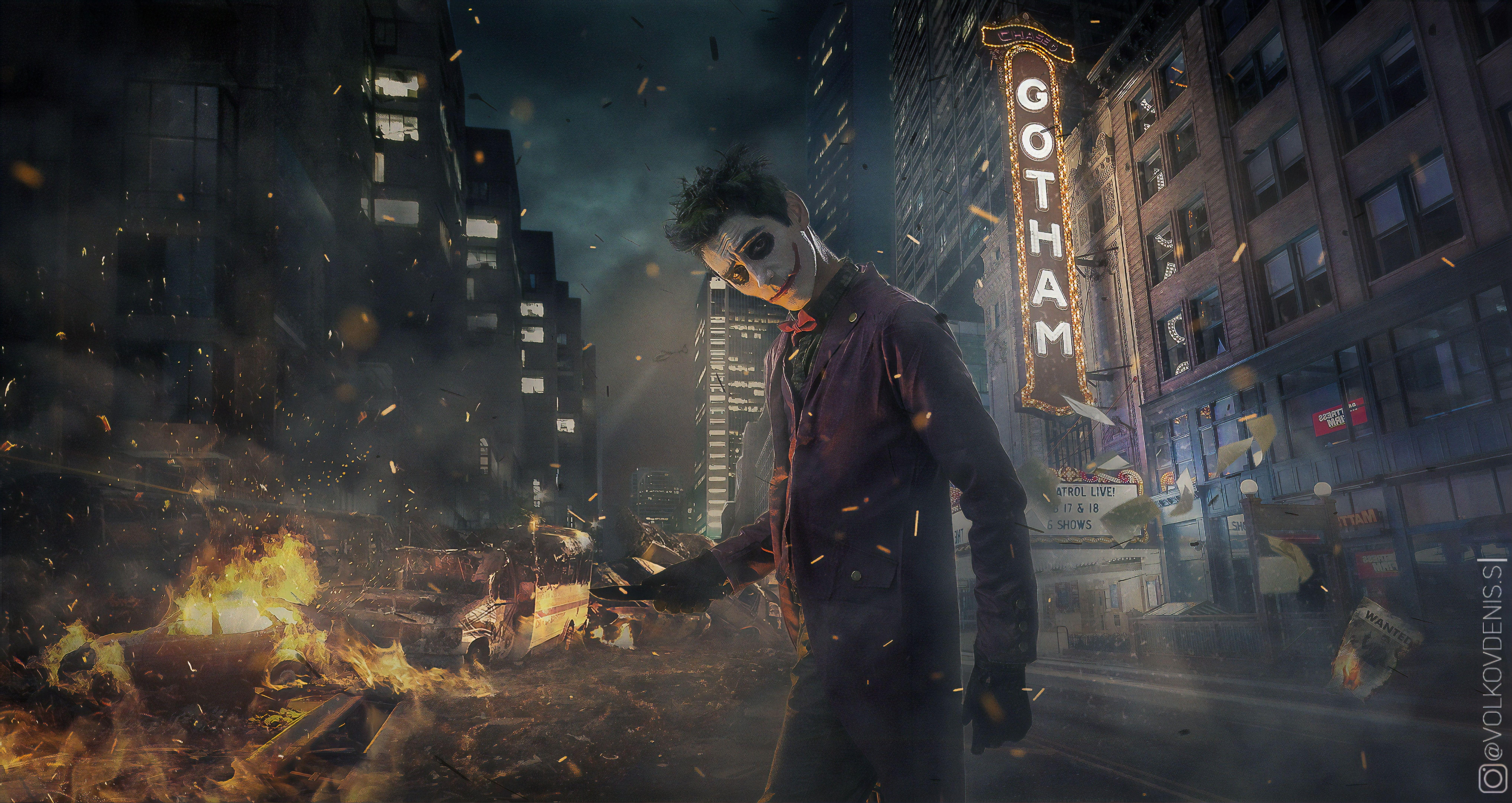 8136x4320 Joker Cosplay Gotham Burning, HD Superheroes, 4k Wallpaper