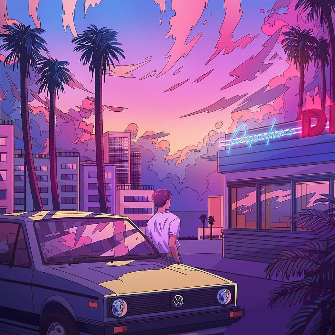 1080x1080 Los Angeles parking wv yellow old school retro car illustration 3D