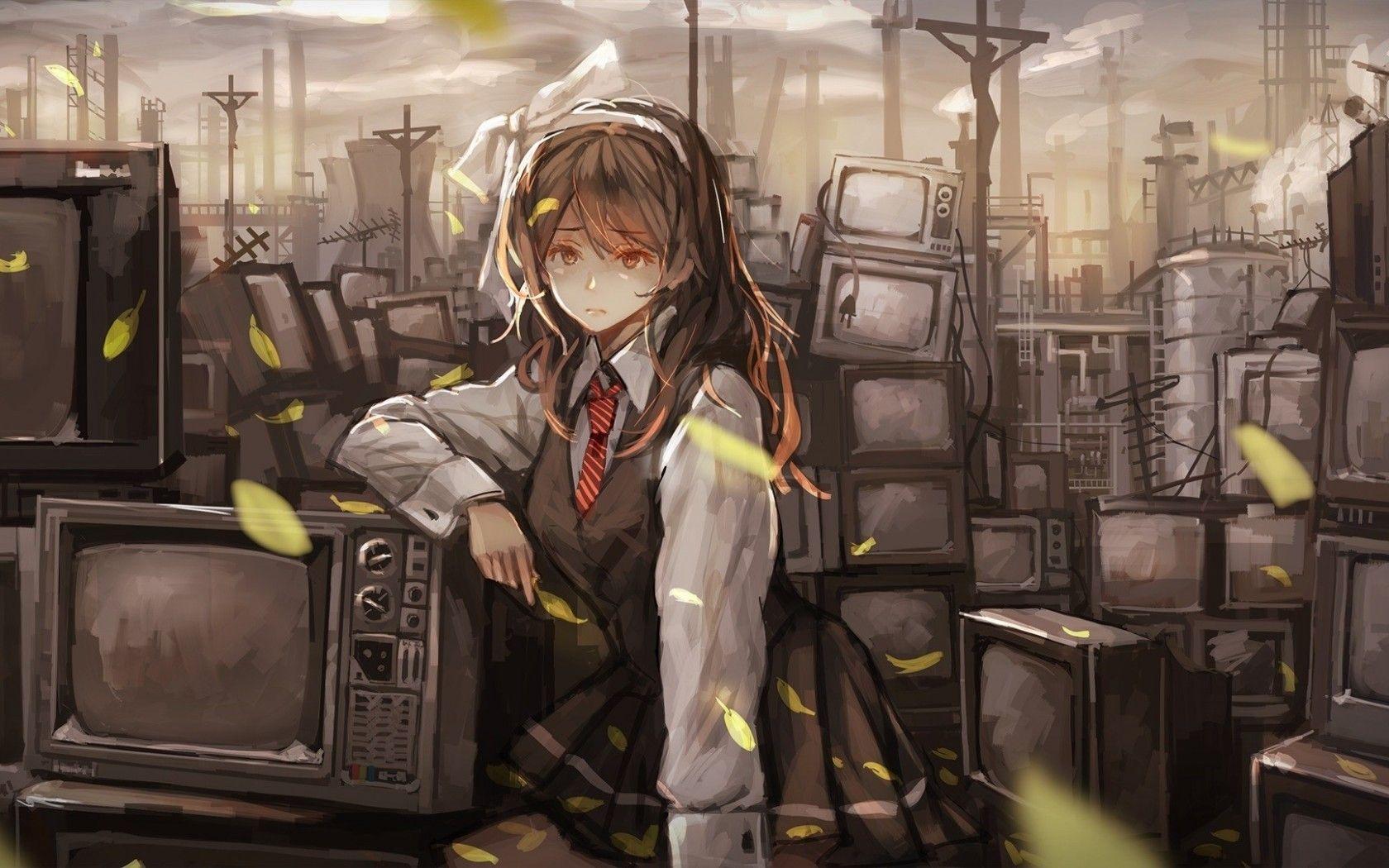 1680x1050 Download 1680x1050 Anime Girl, School Uniform, Old Tv, Brown Hair, Painting Wallpaper for MacBook Pro 15 inch
