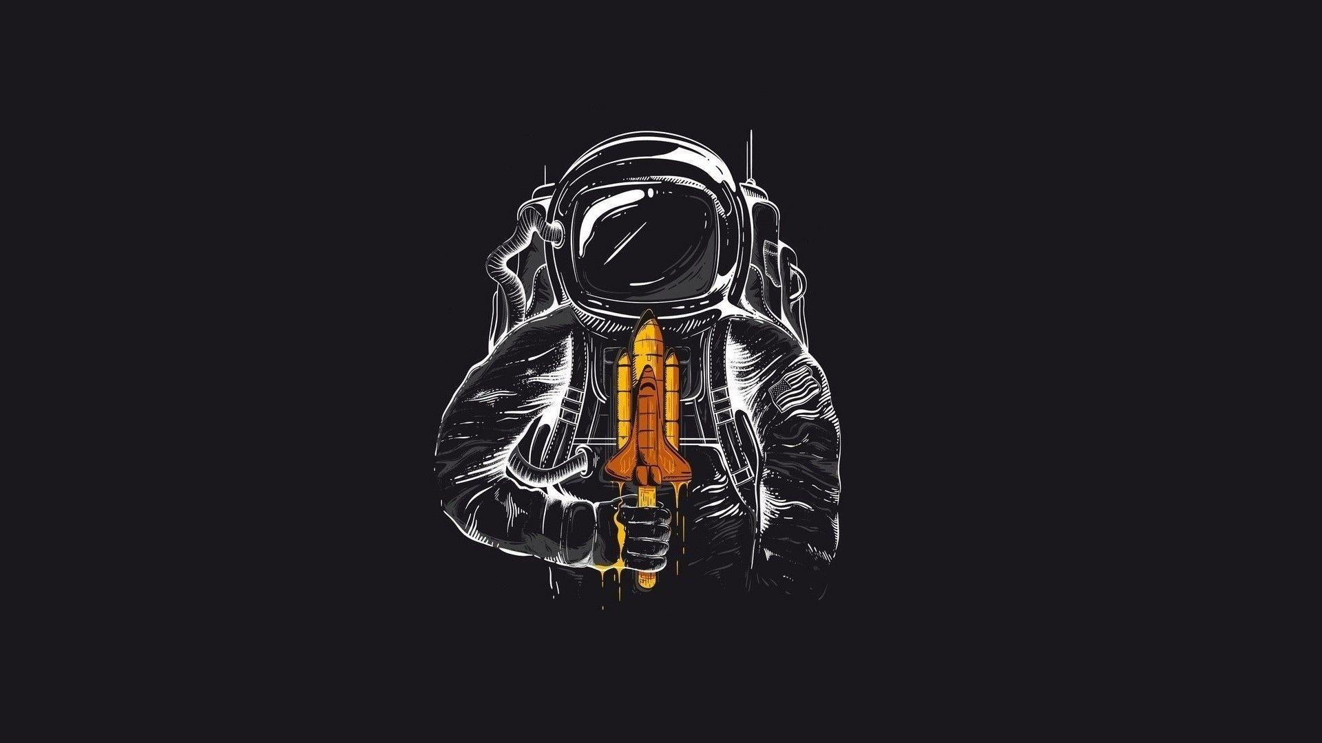 1920x1080 #selective coloring, #simple background, #cartoon, #space, #space shuttle, #popsicle, #astronaut, #minimalism, #humor, #artwork, #black background, #rocket, wallpaper. Mocah HD Wallpaper