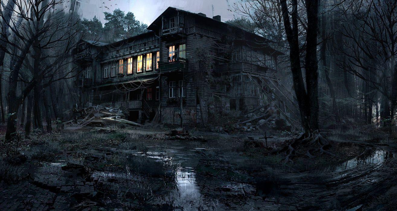 1315x700 House lights nature trees forest night creepy dark photography