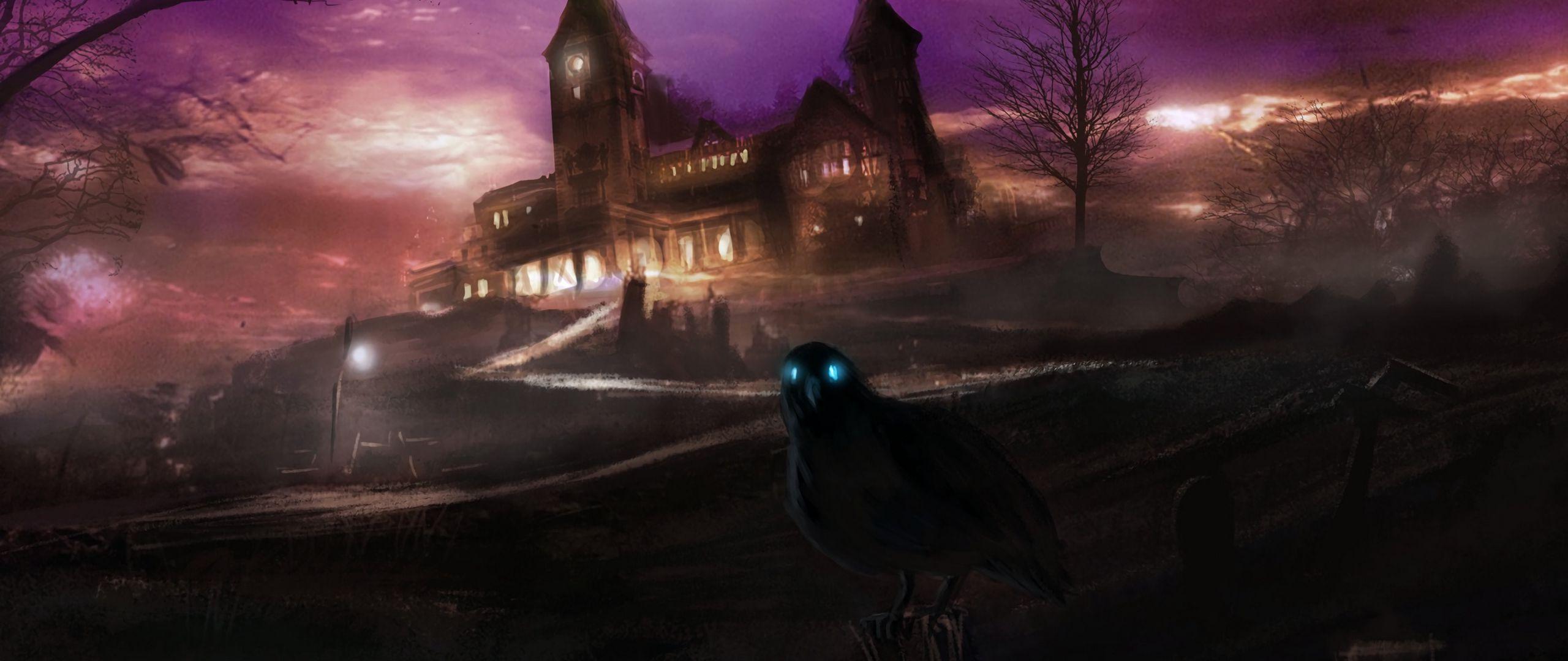 2560x1080 Download wallpaper 2560x1080 crows, creepy, house, hill, dark dual