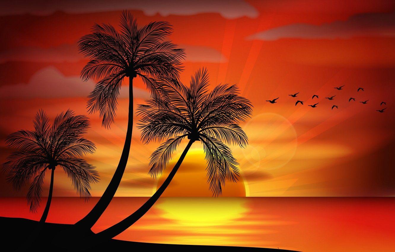 1332x850 Wallpaper sea, sunset, palm trees, vector, island, silhouette, sea, sunset, island, paradise, palms, tropical image for desktop, section пейзажи