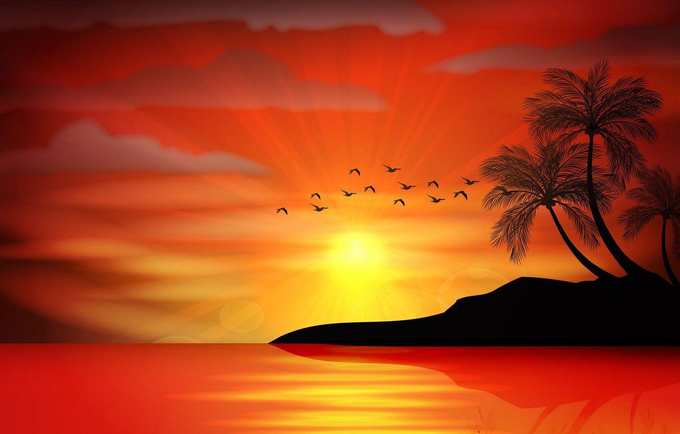 1332x850 Wallpaper sea, sunset, palm trees, vector, island, silhouette, sea, sunset, island, paradise, palms, tropical image for desktop, section пейзажи