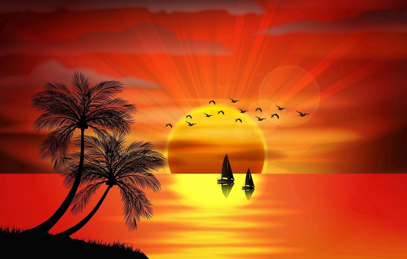 1332x850 Wallpaper sea, sunset, birds, palm trees, vector, island, silhouette, sea, sunset, island, paradise, palms, tropical image for desktop, section пейзажи