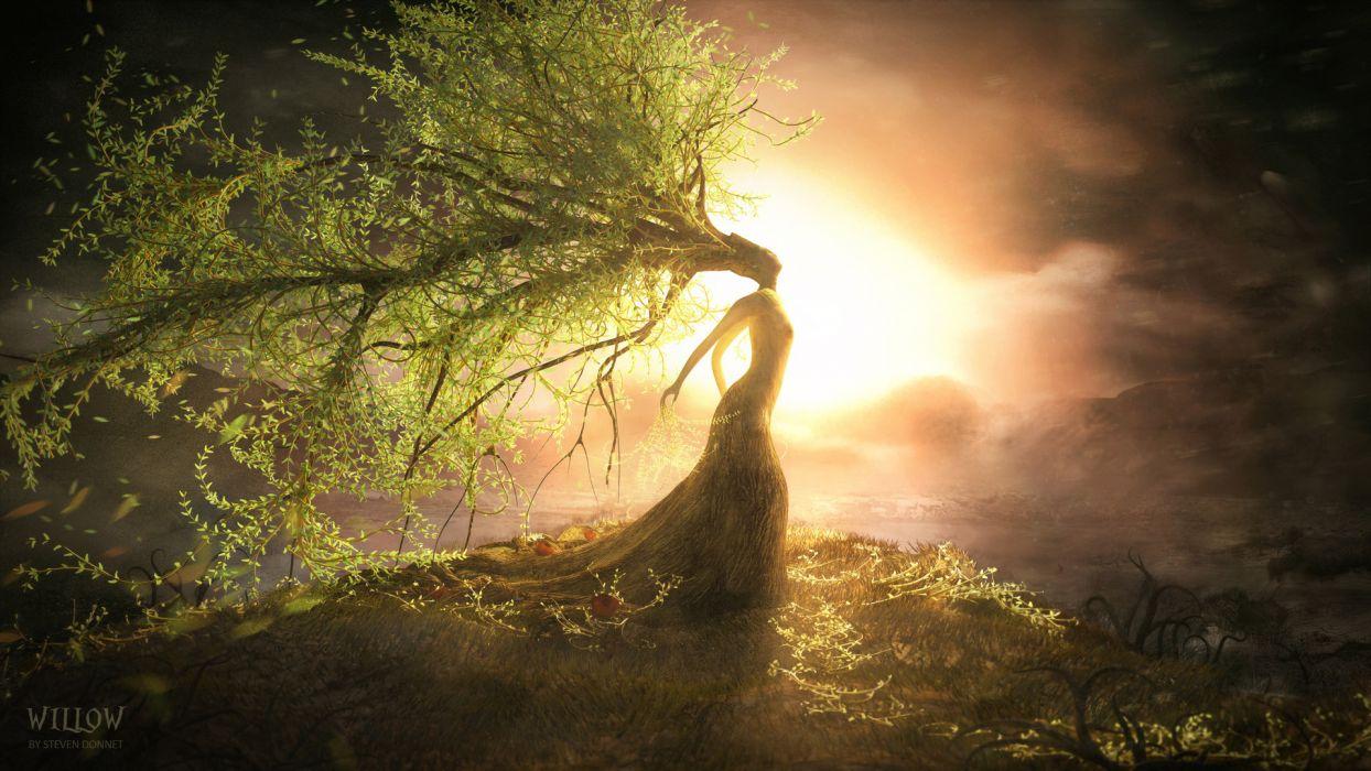 1244x700 Fantasy art willow landscapes mood trees sunset sunrise women gods