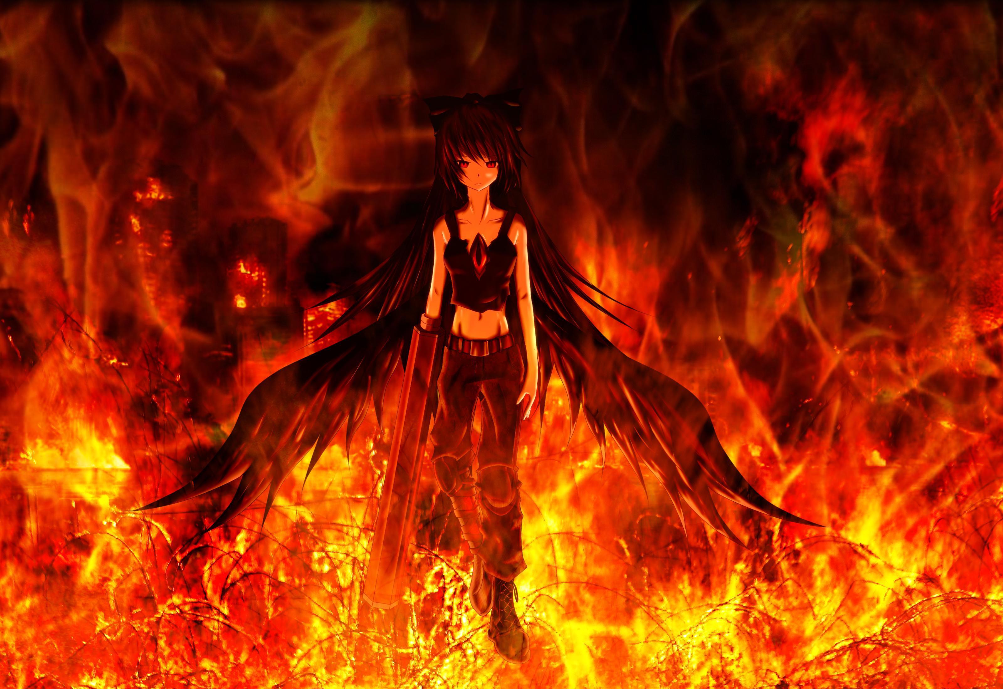 Anime and fire, dark background - desktop wallpapers