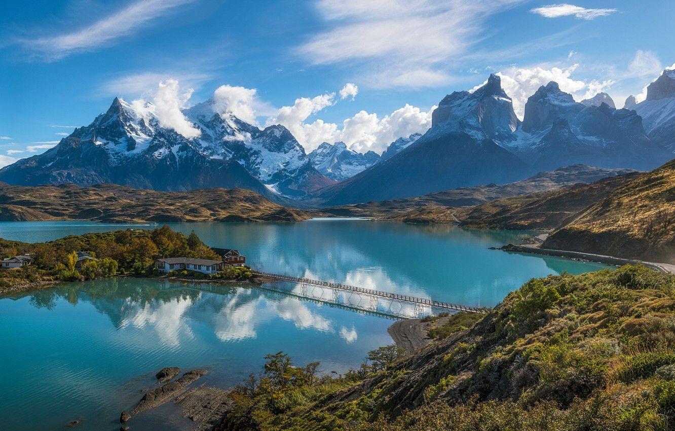 1332x850 Wallpaper lake, island, home, the bridge, Chile, South America