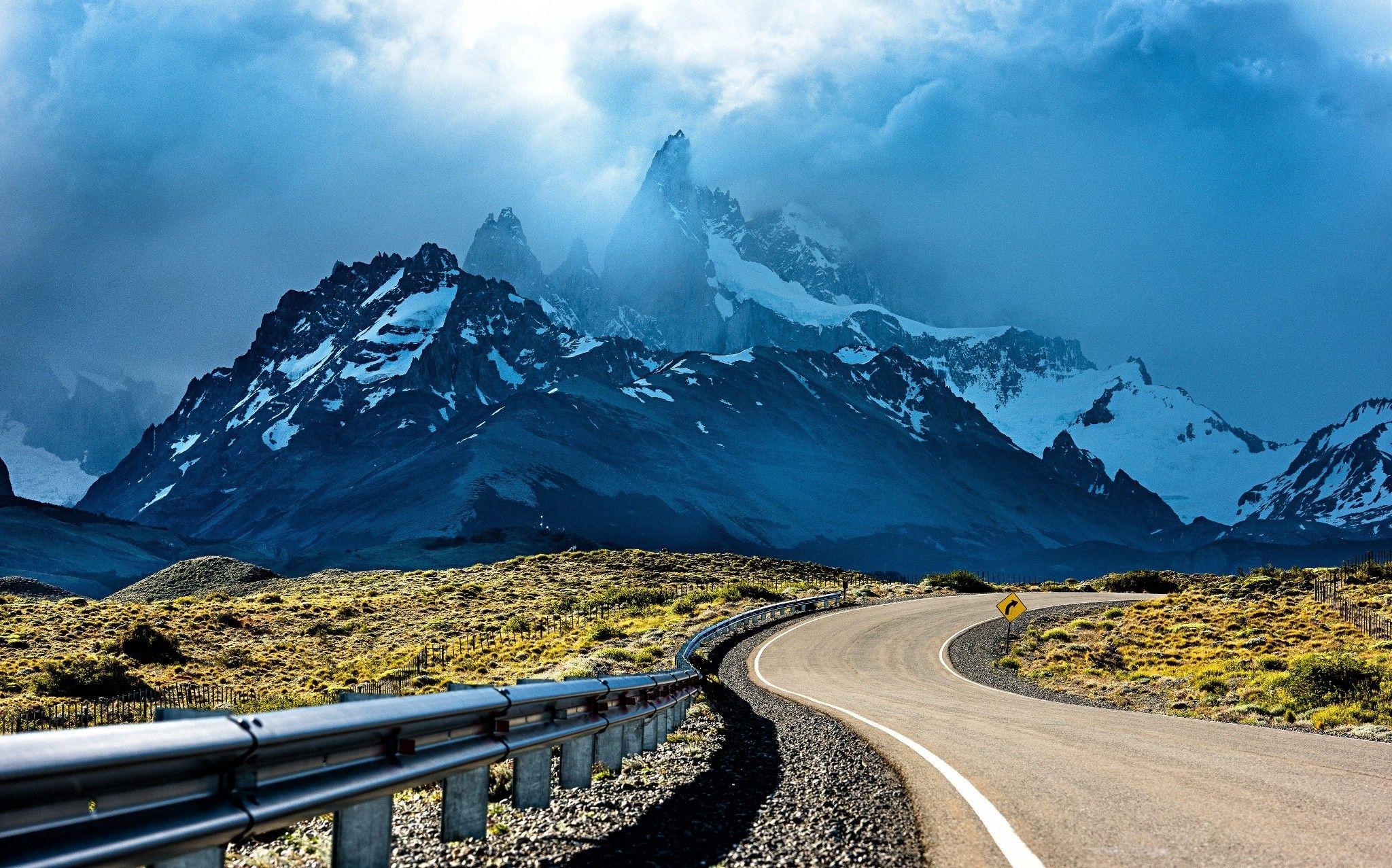 2048x1277 #road, #Argentina, #snowy peak, #sunset, #shrubs