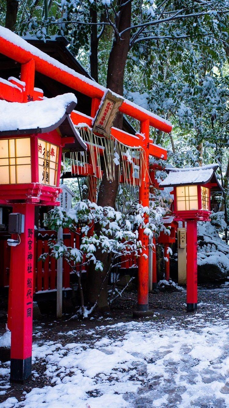 750x1334 Shrine, Torii Gate, Kyoto, Japan, Winter, Snow, Trees 750x1334 IPhone 8 7 6 6S Wallpaper, Background, Picture, Image