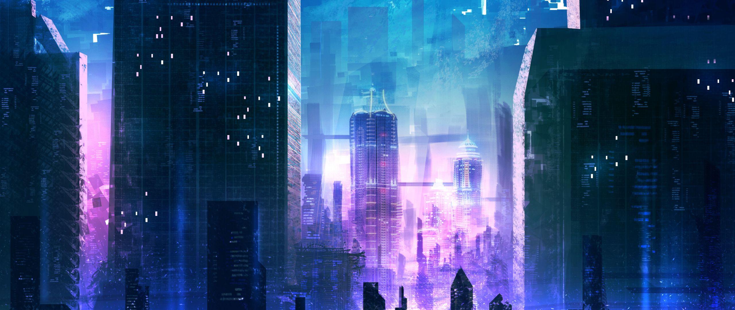 2560x1080 Download 2560x1080 wallpaper futuristic city, buildings, night