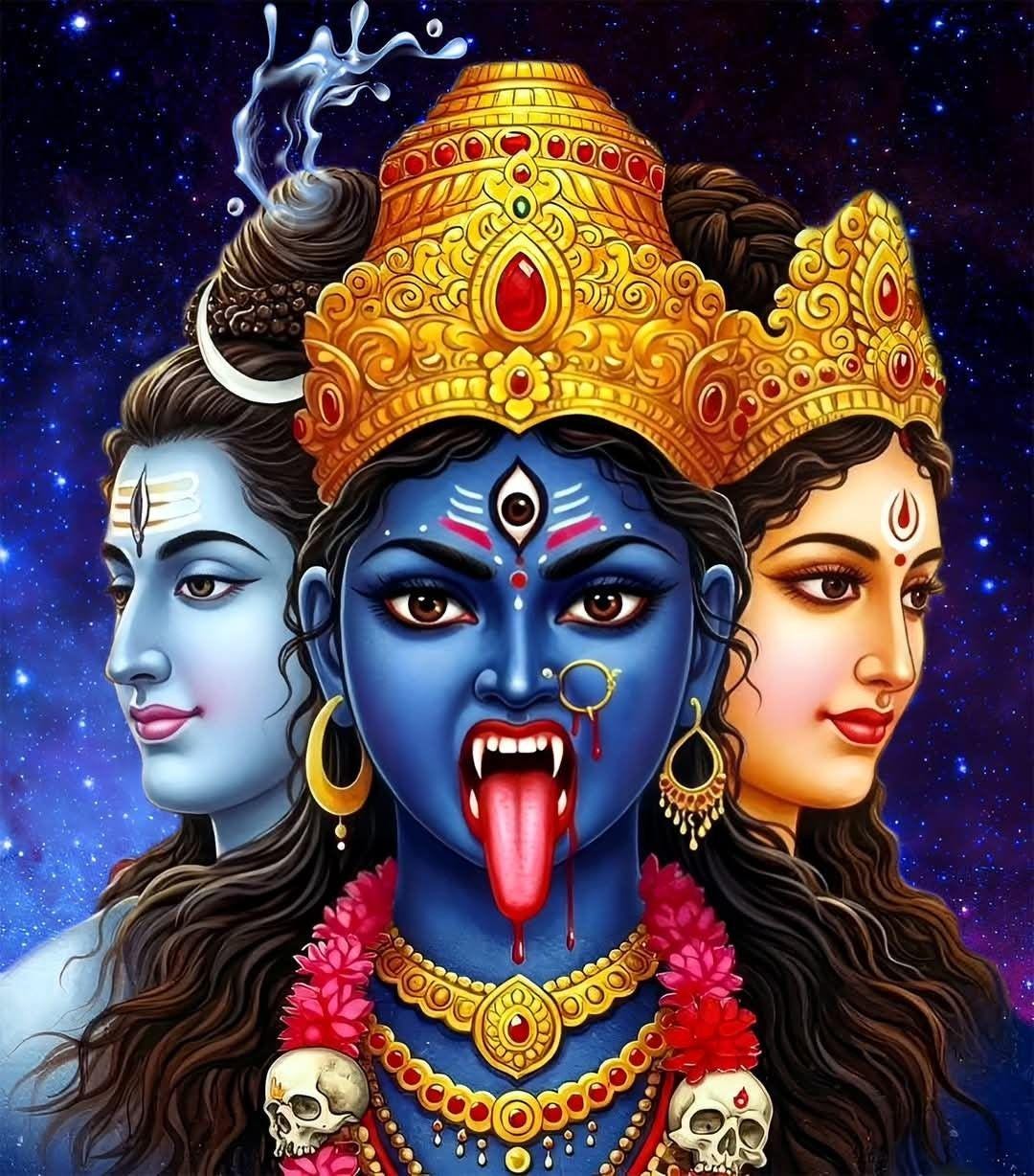1080x1228 Veerabhadra Shiv Parvati Kali Maa Framed Art Print, Hindu Gods Artwork