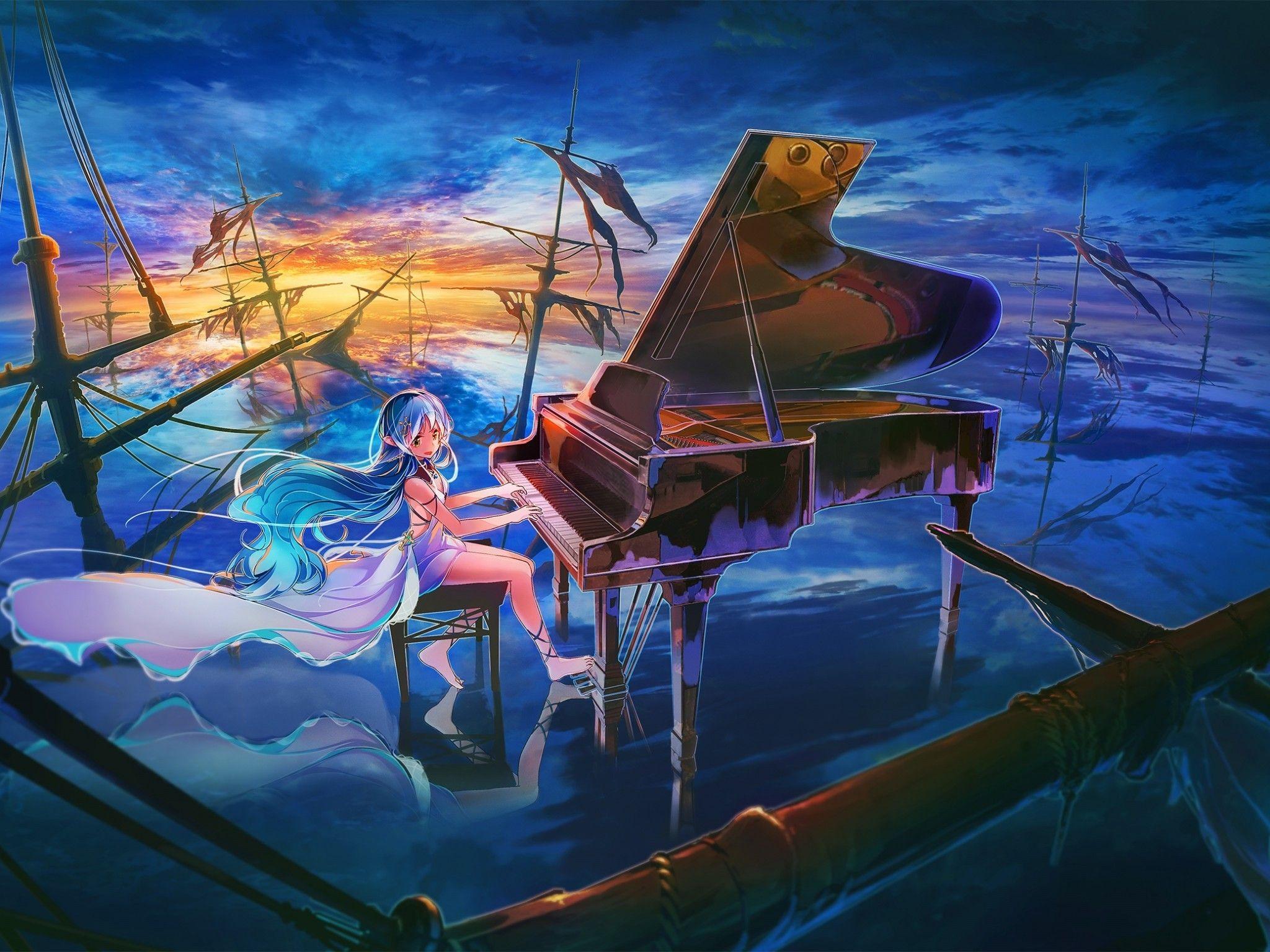 Beautiful female musician playing piano among the stars under water and sky  in blue tints 4K wallpaper download
