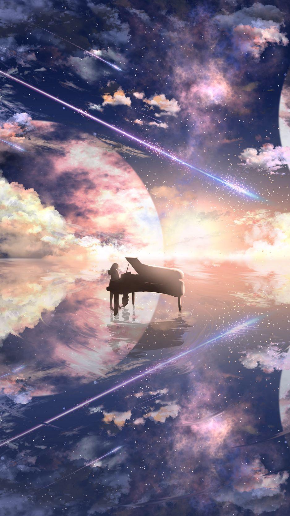 938x1668 Download Wallpaper 938x1668 Piano, Silhouette, Space, Illusion, Anime Iphone 8 7 6s 6 For Parallax HD Background