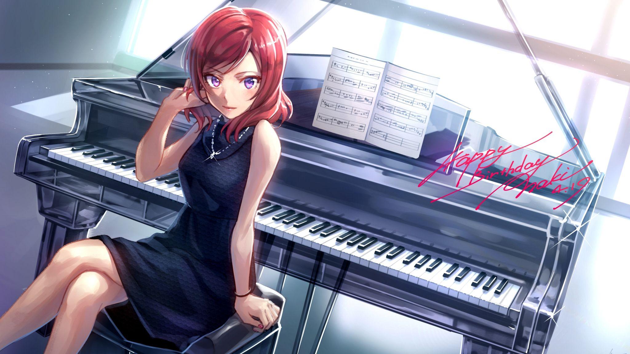 2048x1152 Desktop Wallpaper Maki Nishikino, Red Head, Piano, Anime Girl, HD Image, Picture, Background, 1gqqmk