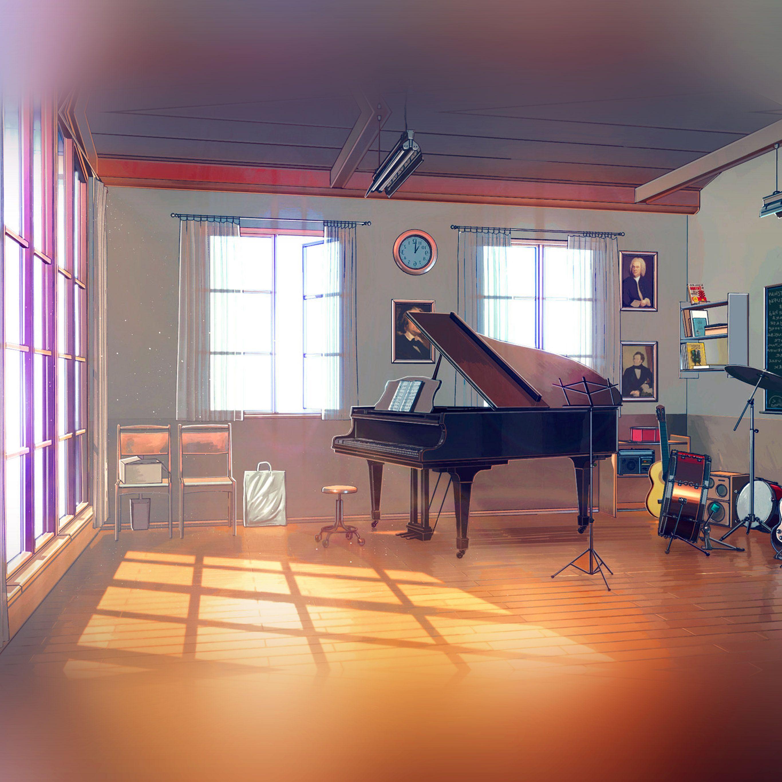 2732x2732 Arseniy Chebynkin Music Room Piano Illustration Art Blue Wallpaper