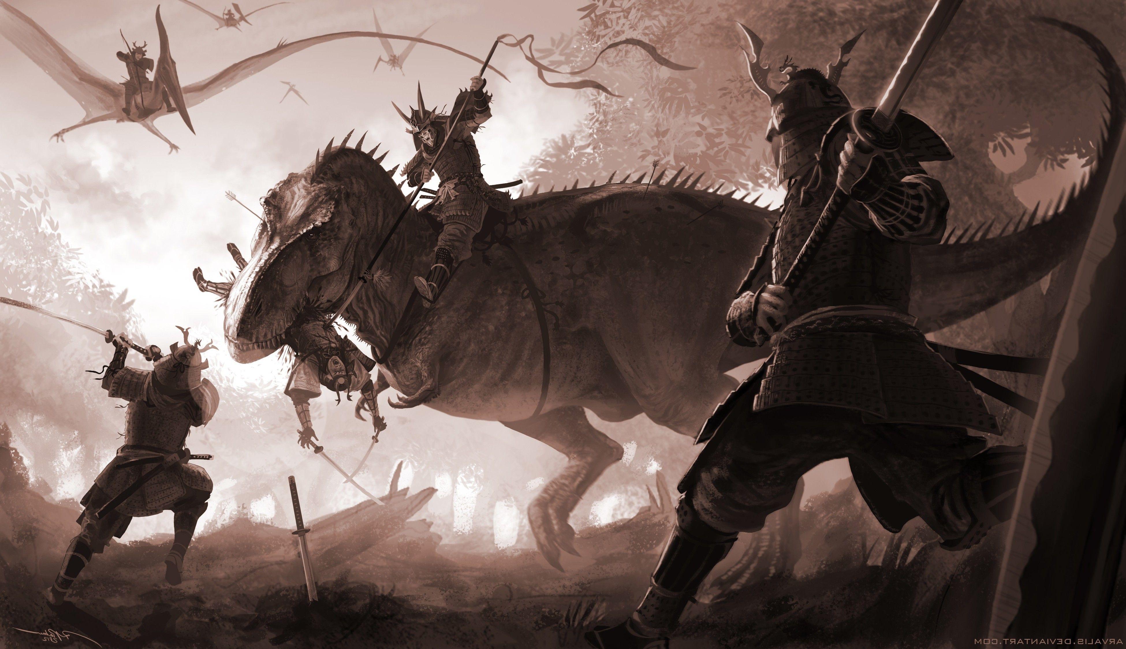 3900x2249 samurai, T Rex, Tyrannosaurus Rex, Fantasy Art, Digital Art, Dinosaurs, Sword, Katana Wallpaper HD / Desktop and Mobile Background